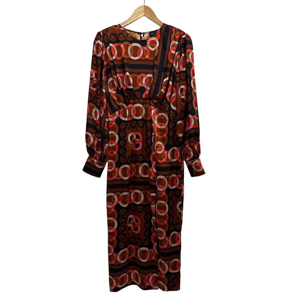 River Island Midi Dress Womens 6 Brown Amber Geometric Circle Print Long Sleeve